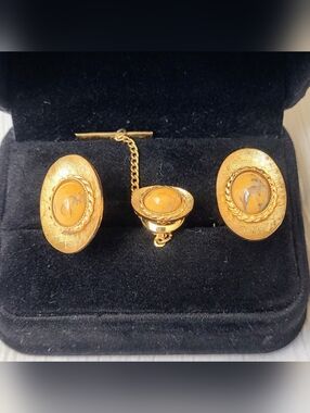 Vintage Christian Dior Copyright Gold-Tone Yellow Stone Cufflink and Tie Pin Set